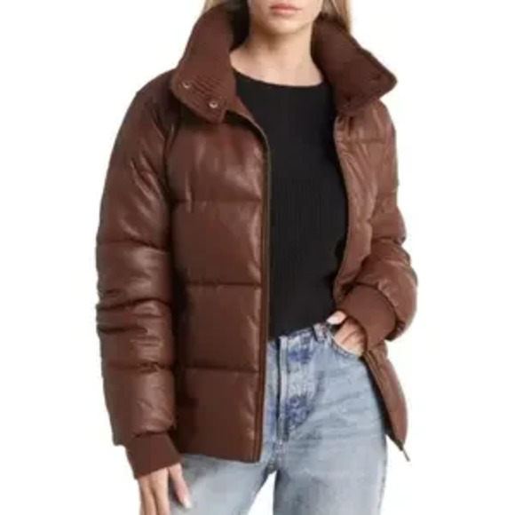 Sam Edelman Jackets & Blazers - Sam Edelman Brown Vegan Leather Ribbed Collar Puffer Jacket Size Small